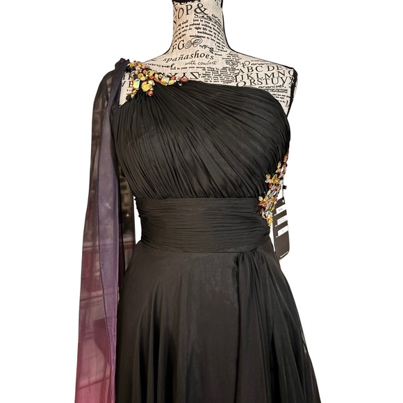 Nina Canacci Black Fuschia Ombre One Shoulder Gown Beaded Embellished Size 2 - Picture 2 of 11